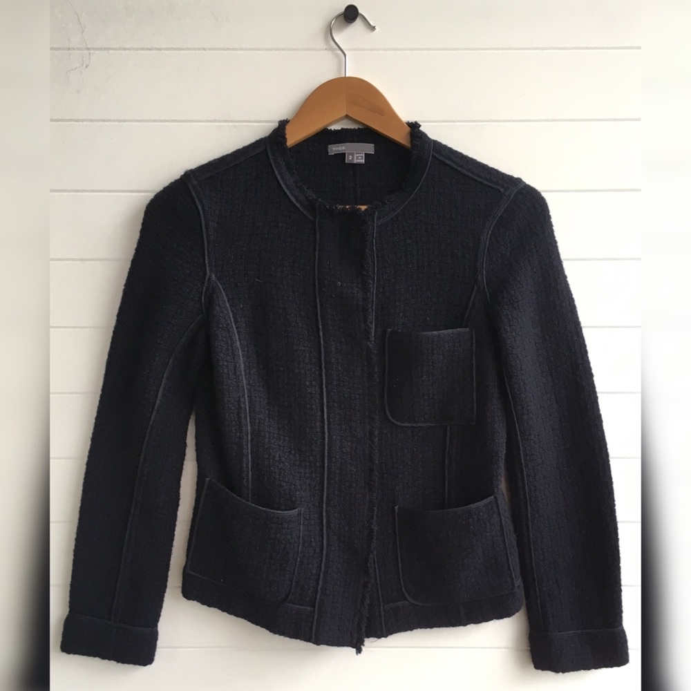vince Tweed Navy Snap Front Jacket Patch Pocket Raw Edge Cuff Crew Neck Solid